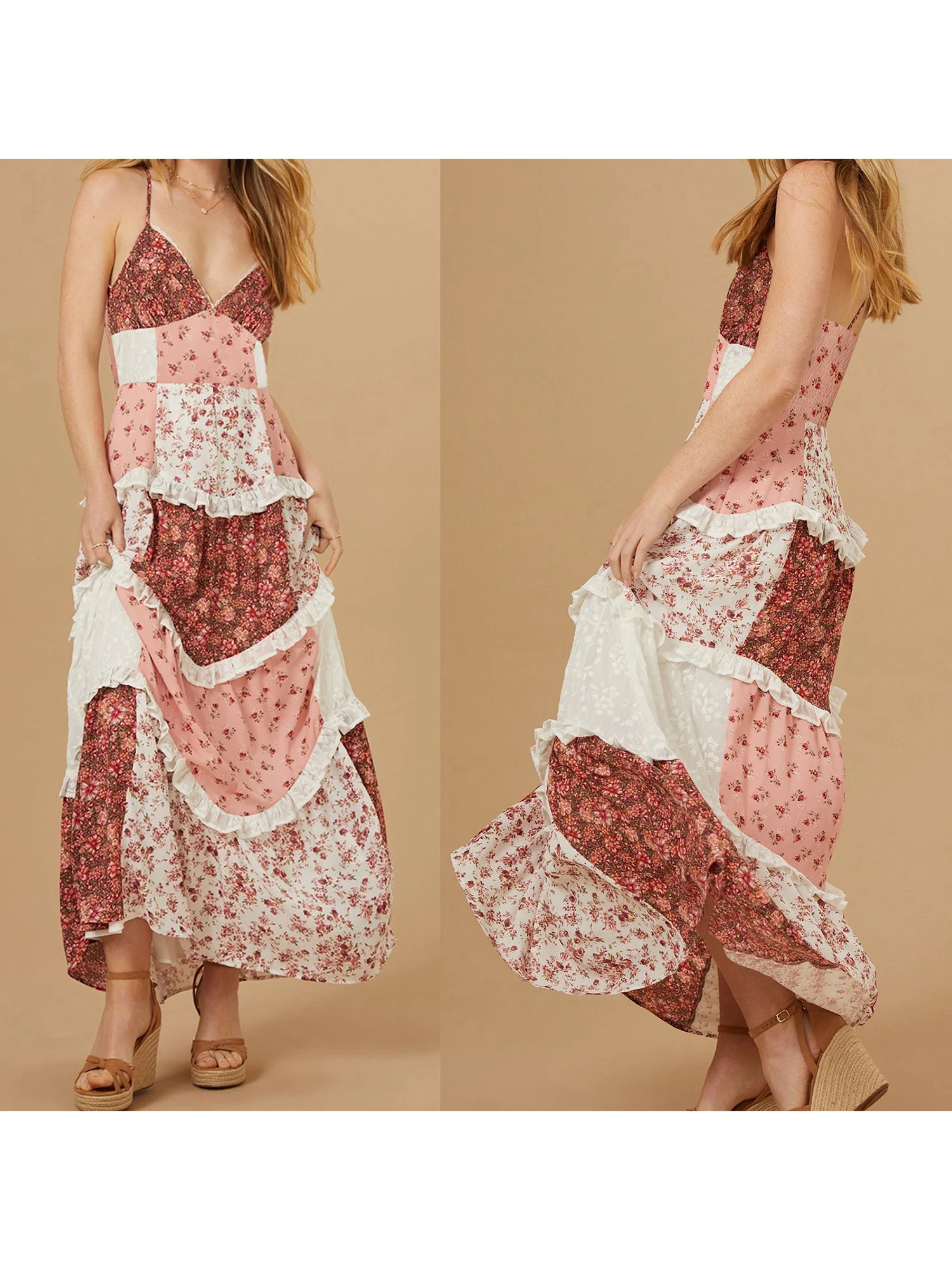 Robe longue de Style bohème avec ourlet à volants et détails à nouer au dos pour femmes robe d'été élégante sans manches à col en V