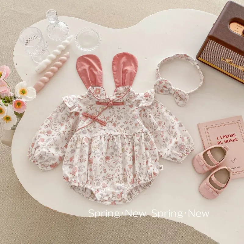 Newborn Kids Baby Girls Sweet Rompers Summer New 2024 Infant Baby Girls Sleeveless Cheongsam Rompers Clothes with Headband