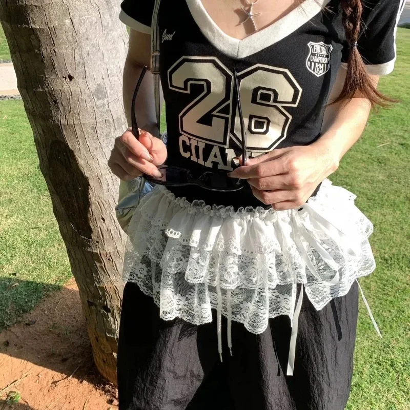 

Y2K Korean Mini Skirt Women Fashion Lace Pleated Layered Ruffled Skirt High Waist Streetwear Harajuku Lace Up Clothes 2025