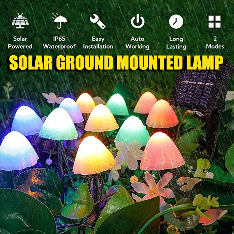 LED Solar Lights String on The Ground Mushroom Outdoor Decoration Various Modes of Garden and Courtyard Waterproof Color Lights