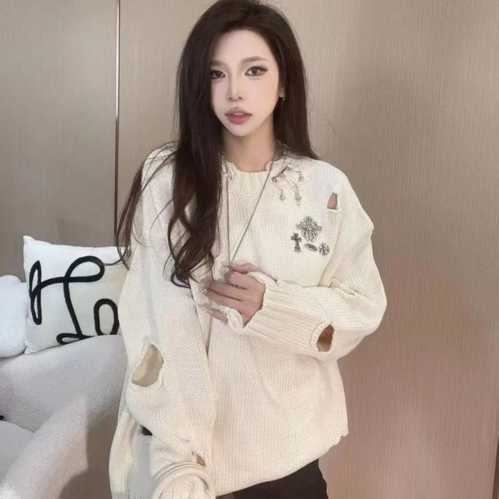 Harajuku Goth Ripped Women\'s Sweater Vintage Oversized Pullover Gothic Knit Female Jumper Korean Style Chic Knitwear Streetwear