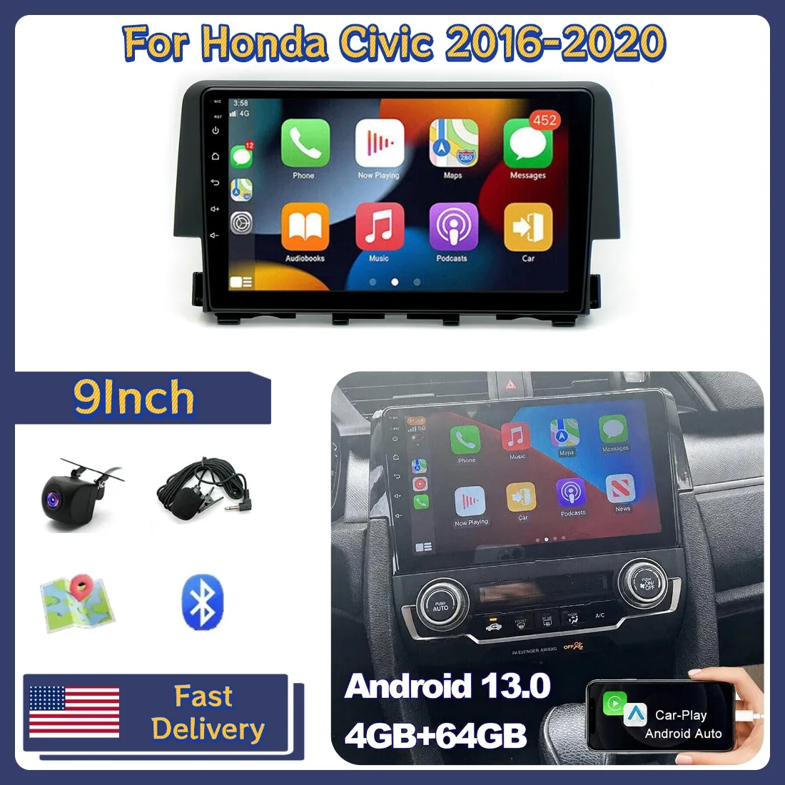 

9inch Car Stereo Radio Player 2+64G For Honda Civic 2016-2020 For Carplay Android 13 GPS Navigation Head Unit Bluetooth