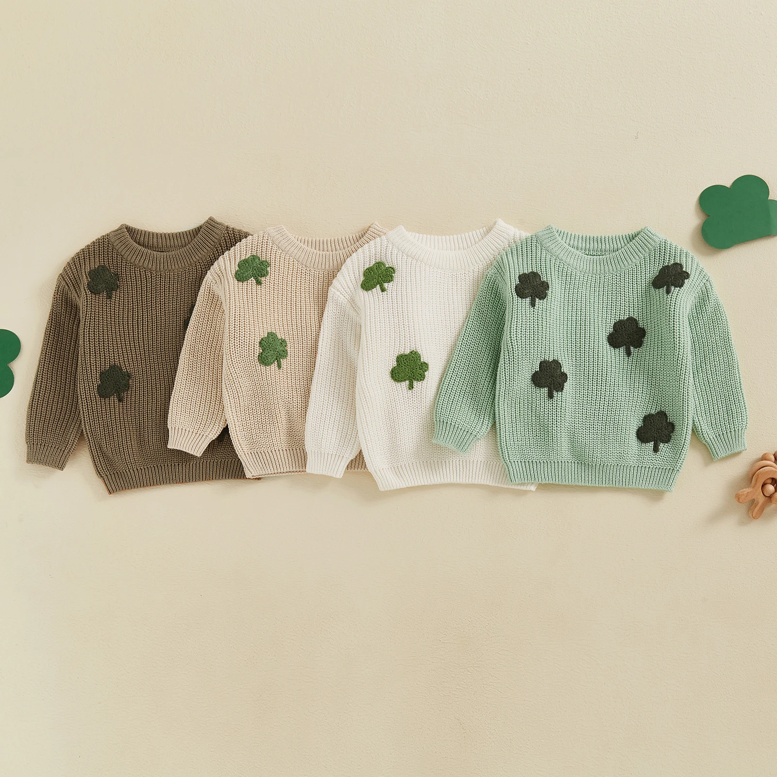 Infant Baby Clover Embroidery Sweaters Boys Girls Toddler Spring Cotton Long Sleeve Crew Neck Knit Pullover Children Tops Jumper