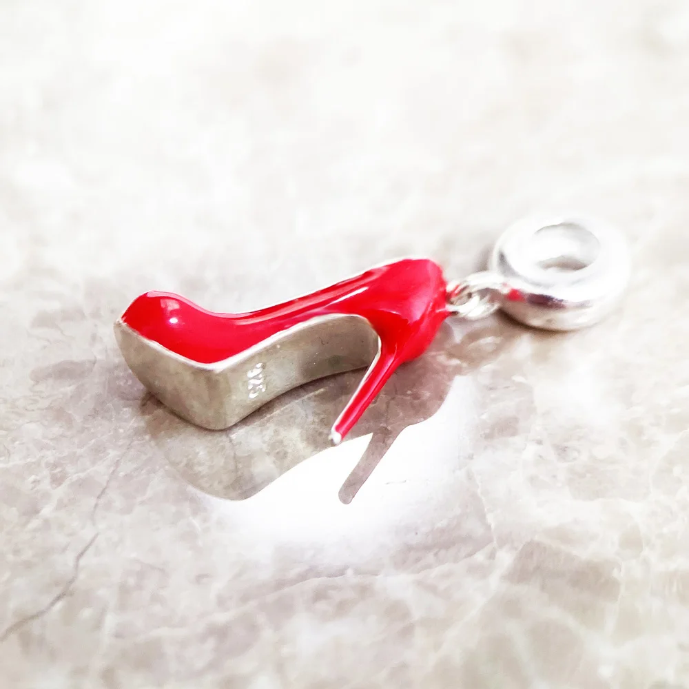 Red Shoe High Heel Dangle Charm Bead Pure 925 Sterling Silver European Jewelry Trendy Gift For Women