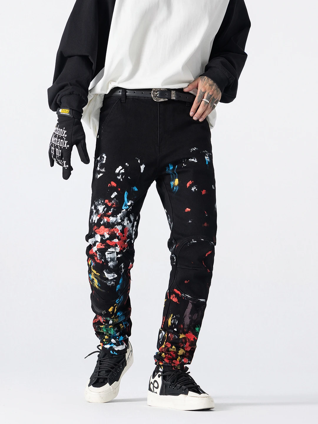 

High-End Graffiti Splatter Black Jeans Men's Slim Fit Casual Long Trousers Spring Autumn American High Street Style