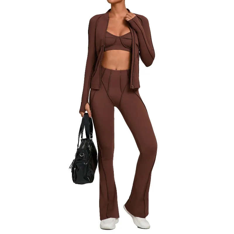 طقم يوجا نسائي بحزام رفيع حمالة صدر جميلة وسحاب معطف ناعم عالي الخصر سروال واسع للجري واللياقة البدنية طقم رياضي ضيق مكون من 3 قطع #5