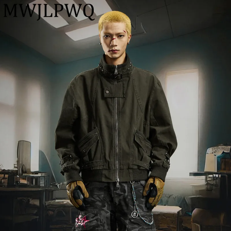 

MWJLPWQ Мужская стильная функциональная тяжелая куртка для рукоделия, трехмерная деконструированная повседневная куртка с воротником-стойкой на молнии 12214