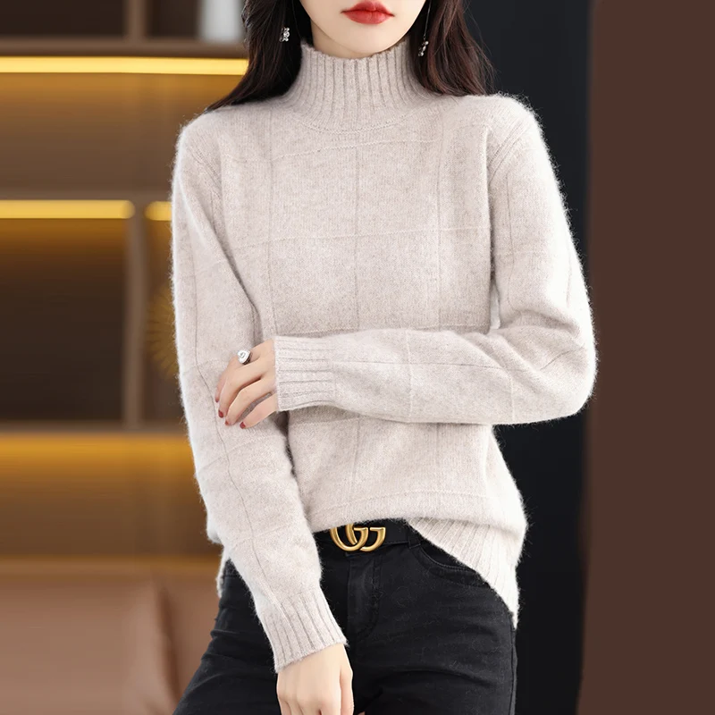 Autumn and Winter New High Collar Women\'s Sweater 100% Pure Mink Cashmere Knitted Pullover Solid Color Slim Fit Fashion Top