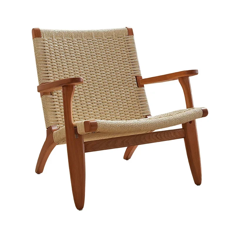 Factory wholesale Nordic solid wood backrest  chair living room coffee shop rattan woven armrest sofa chair