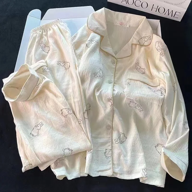 

2024 осенний новый модный милый пижамный комплект из 2 предметов с кроликом для женщин, хлопковые женские пижамы Kawaii, шерстяной свитер на пуговицах