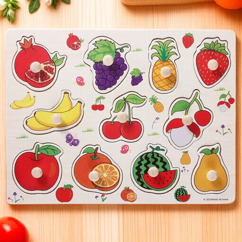 2Pcs Hand Grasp Peg Puzzle Wooden Fruit Vegetable Preschool Educational Early Learning Peg Puzzles for Toddlers