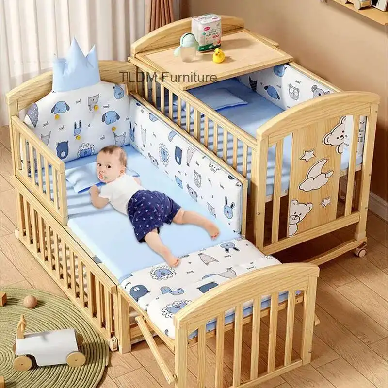 Camas modernas de madera maciza para niños, se pueden extender a 12 años, cama grande empalmada extraíble multifuncional para niños