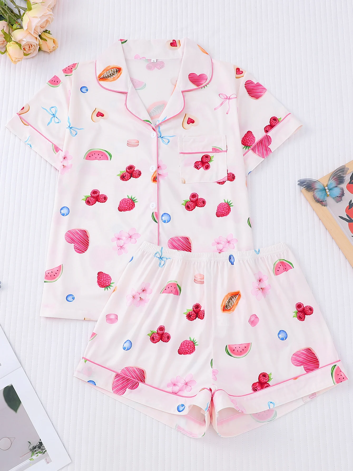 

Women's 2-Piece Summer Watermelon Blueberry Print Pajama Set Short Sleeve Button Shirt Stretchy Shorts Party Sleepwear Loungewea