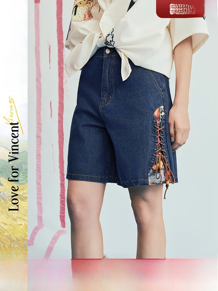 

Новые летние повседневные джинсовые шорты с принтом и поясом, женские, свободного кроя, с высокой талией, прямые, темно-синие