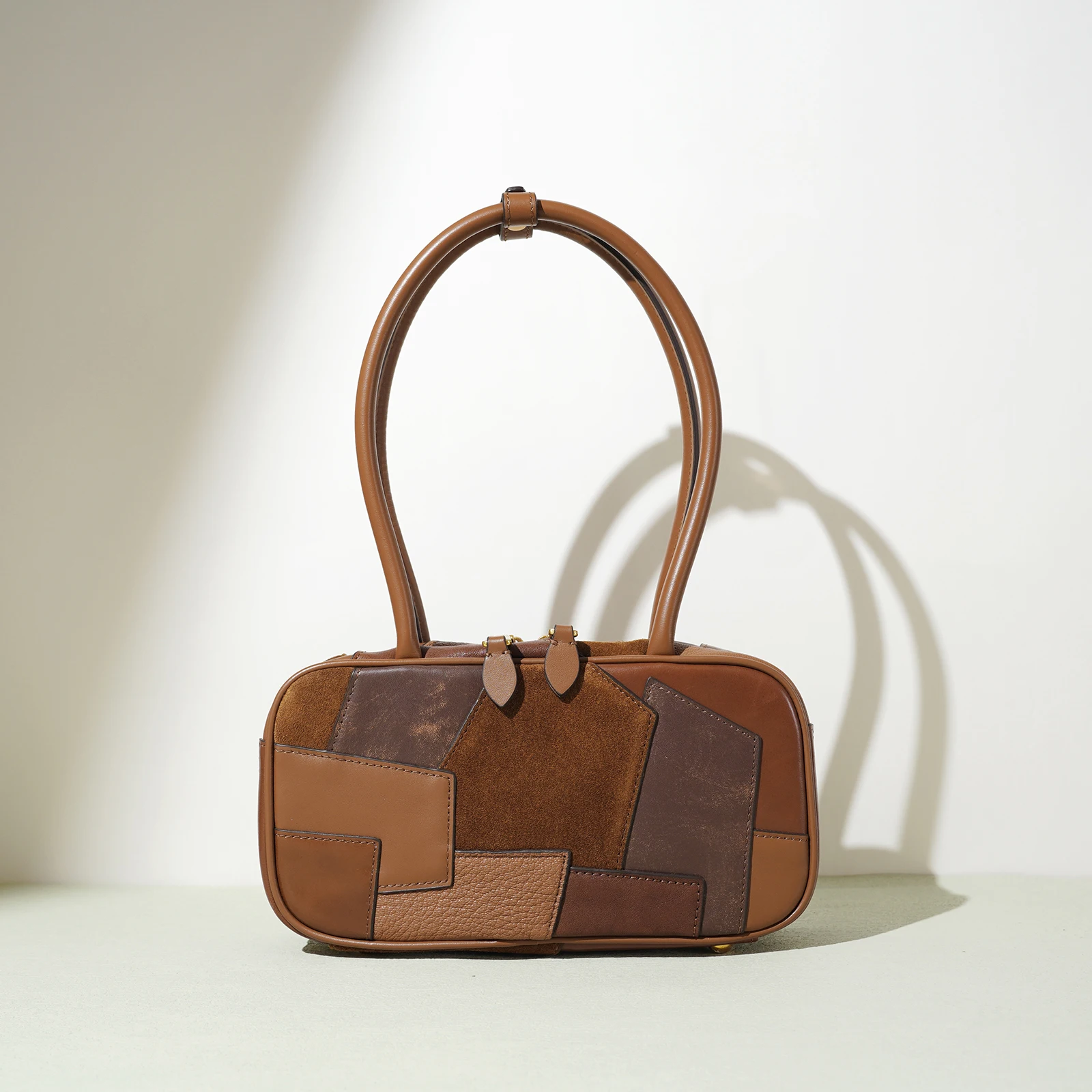 

2025 New First Layer Cowhide Woman Bag Luxury Designer Retro Splicing Bowling Briefcase Shoulder Handbag Underarm Tote