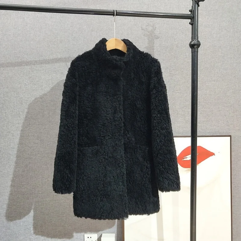Minimalist Style Stand-up Collar Sheep Shearling Coat Women Mid-length Casual and Warm Winter Jacket JT516