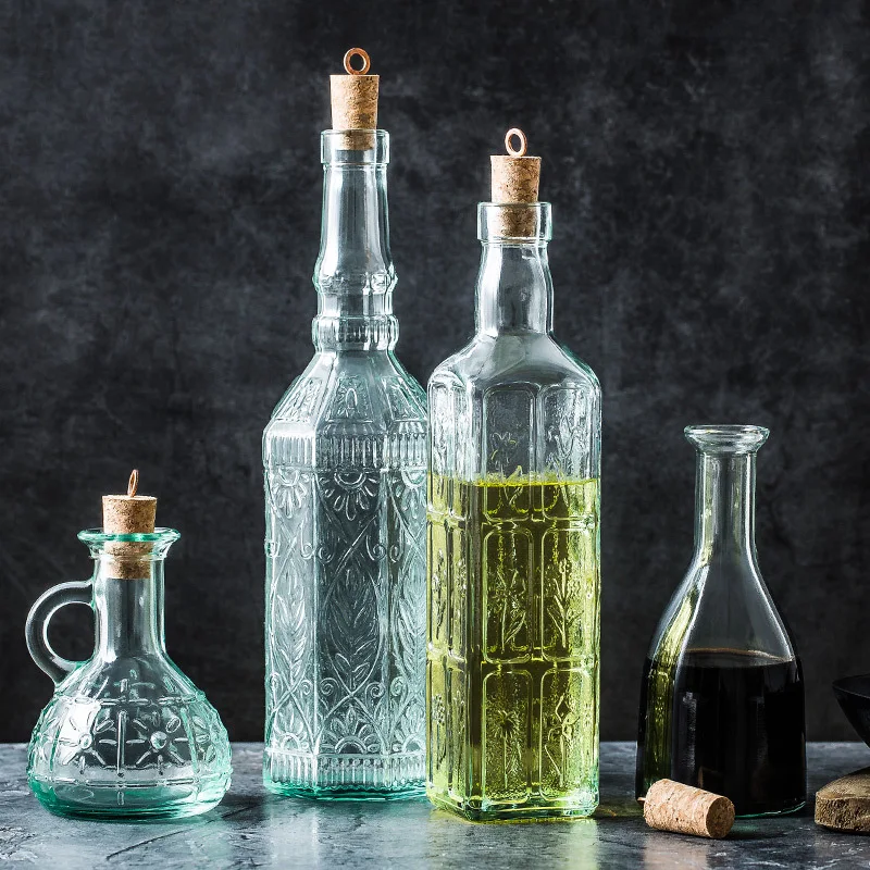 Glass Kitchen Seasoning Jar Eco-Friendly Cork Stopper Cooking Wine Vinegar Olive Oil Oiler European Retro Sauce Storage Bottle