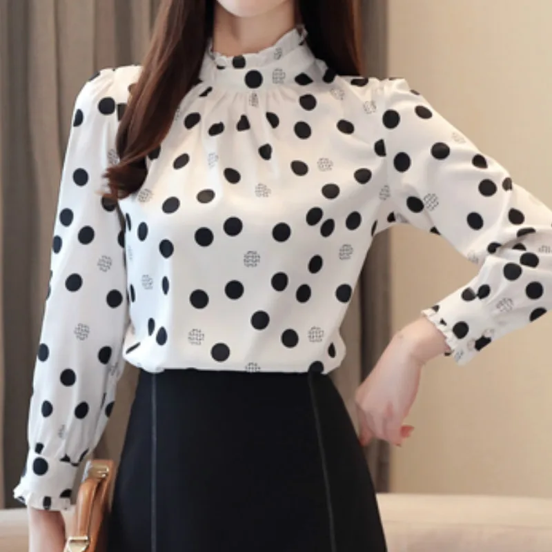 clothe 2022 Autumn Fashion Women Chiffon Shirts Long Sleeve Polka Dot ruffless Women Blouses Casual Stand Collar Women Tops