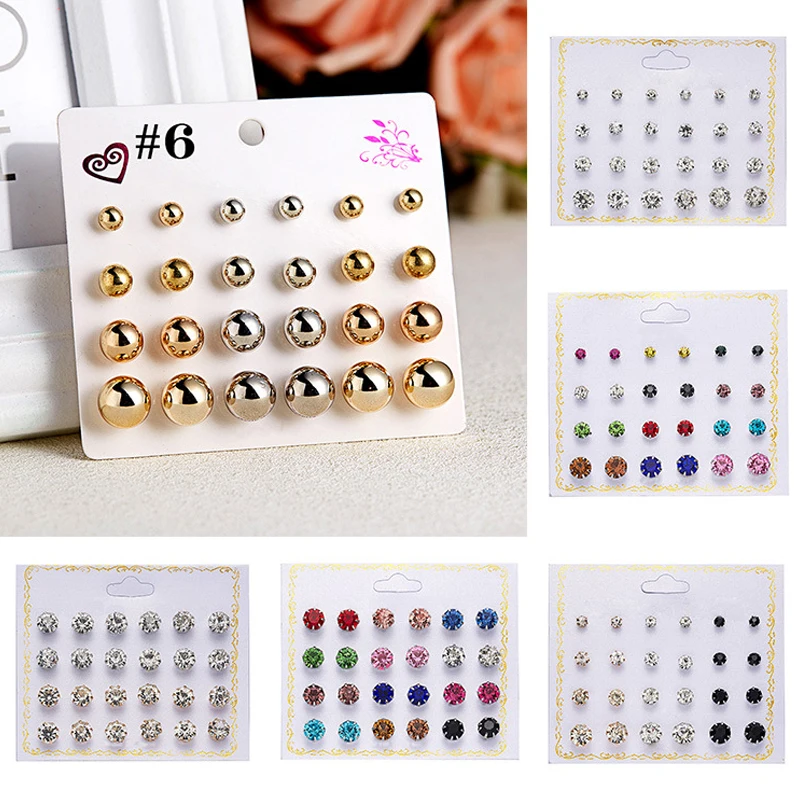 12Pair/set Mixing Crystal Zircon Round Stud Earrings Women Girls Ear Accessories