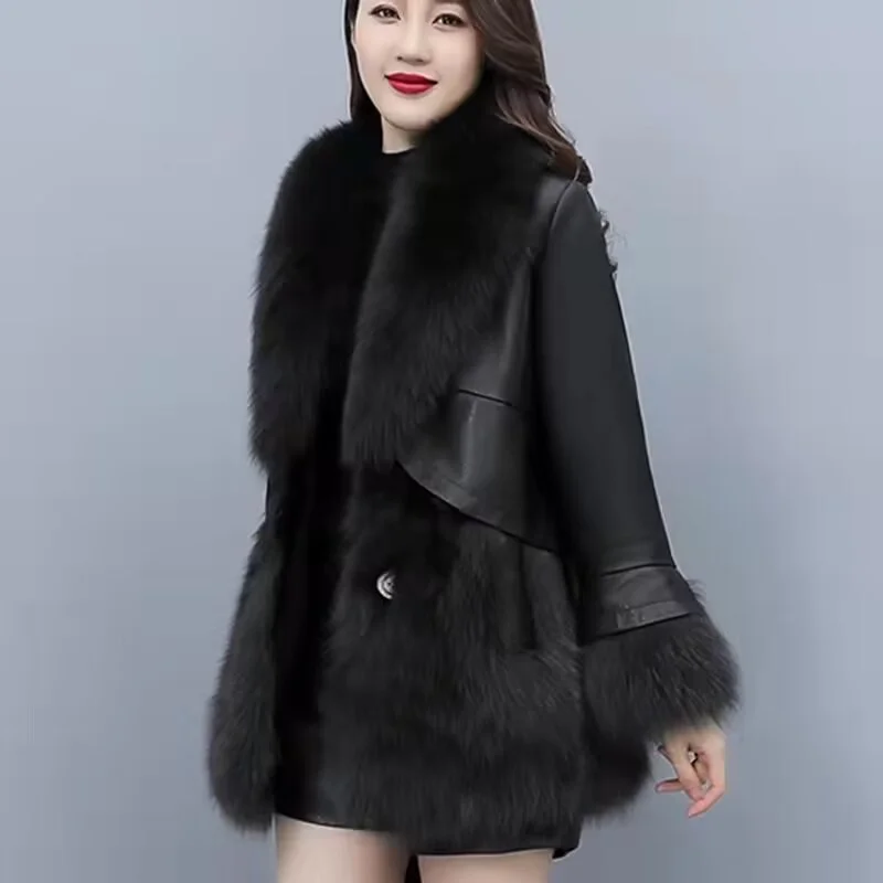 2024 Women Mid-Long Style Faux Fur Jacket Winter Female Pu Leather Splicing Fur Outwear Ladies Long Sleeve Thicken Warm Fur Coat