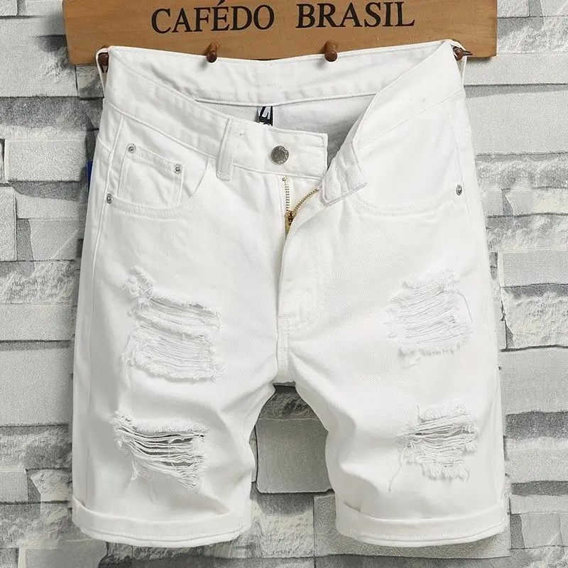 

Men's Denim Shorts 2025 Summer Y2k Streetwear Ripped Casual Denim Knee Length Solid Jeans Shorts White New Classic Jeans Shorts