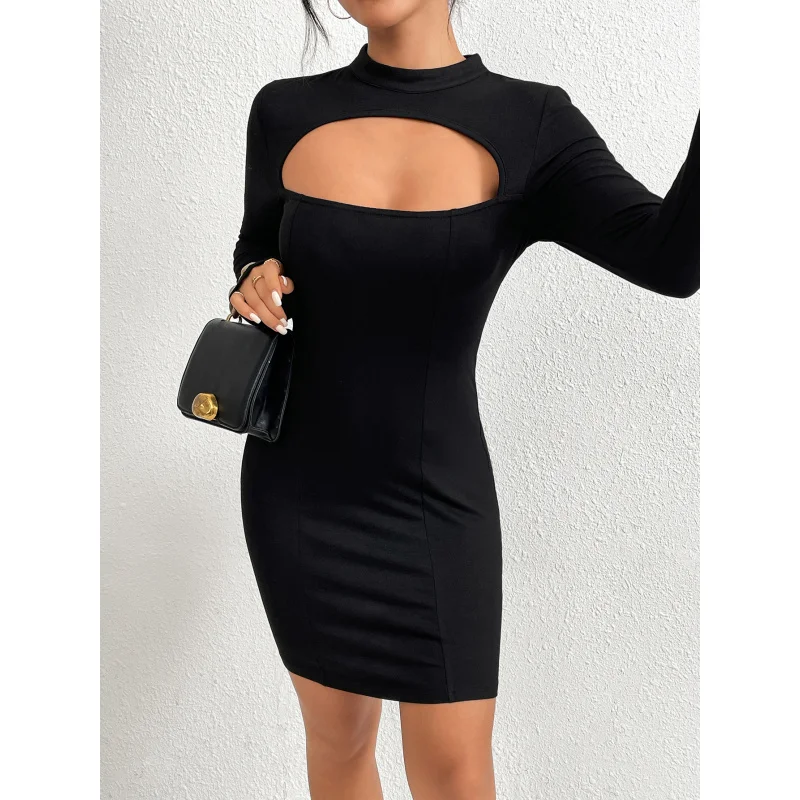 

YQ1-Women's Autumn and Winter New Slim Fit Bodycon Knitted Long Sleeve Mini Dress Sexy Hollow Out Dress