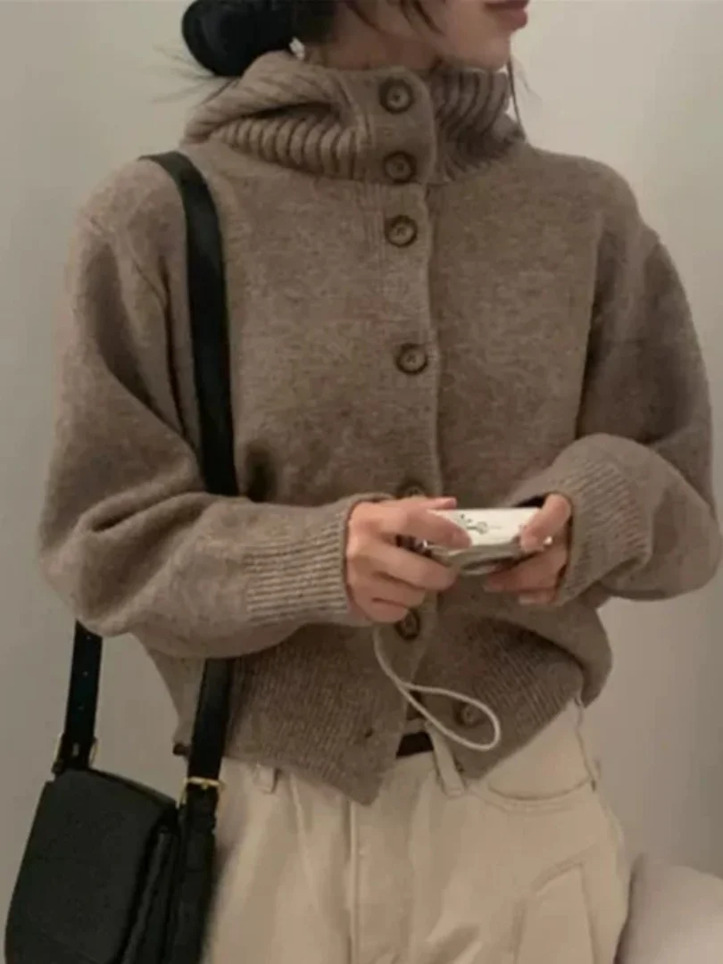 Cozy High Collar Knitted Sweater Coat Women's Autumn Winter Simple Match Youthful Button Long Sleeve Hooded Knitwear