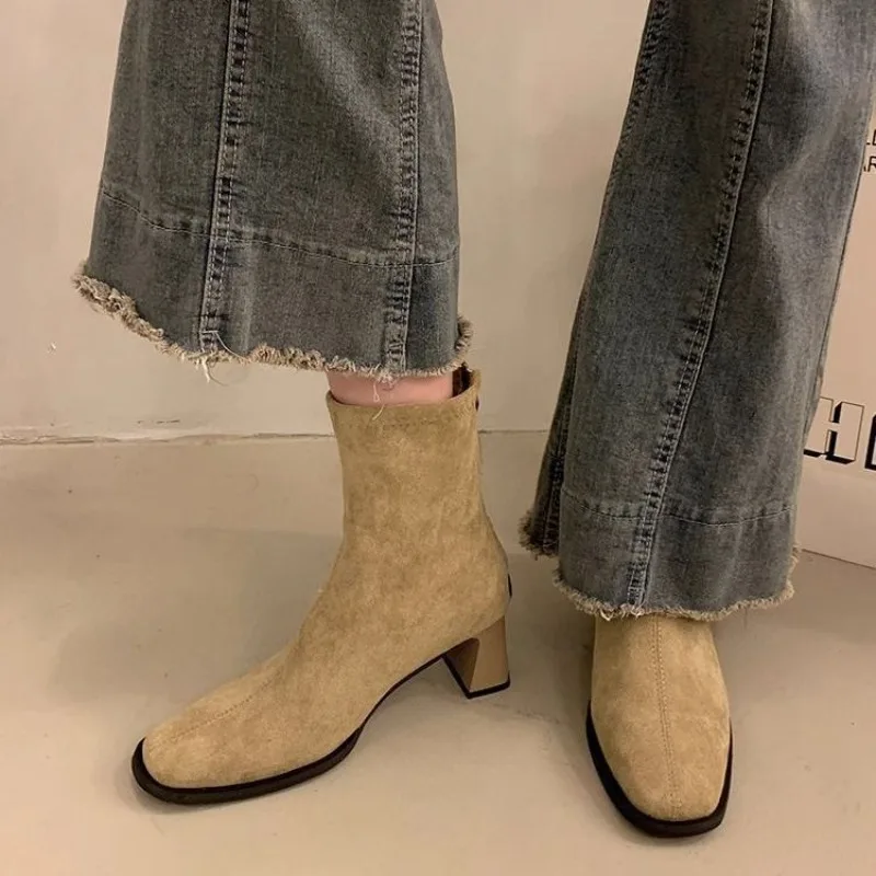 Suede Warm Square Toe Booties Autumn Winter Heeled Female Short Shoes Comfortable Trend 2025 Women's Ankle Boots on Promotion