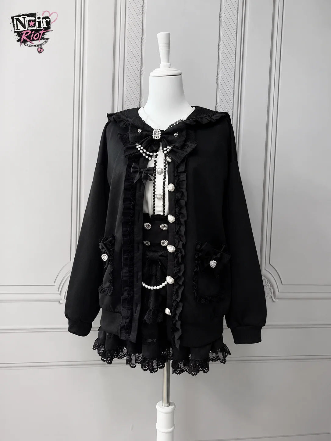 Gothic Lolita Coquette Japanese Subculture Women Oversized Ruffle Lace Bow Pearl Heart Rhinestone Pocket Lace Up Sleeve Jacket