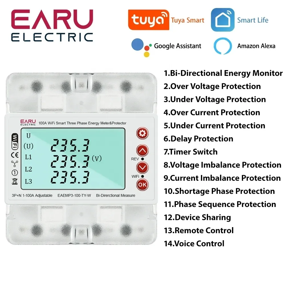 3 Phase 380V 100A WiFi Smart Bi-Directional Energy Power kWh Meter Over Under Voltage Protector Relay Switch Current Limit