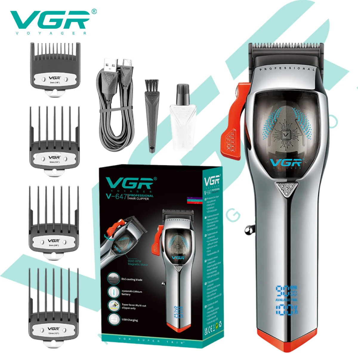 ماكينة قص الشعر VGR 9000 دورة في الدقيقة ماكينة قص كهروميكانيكية مغناطيسية قوية مع قاعدة شاشة LCD رقمية ترويسة V-647