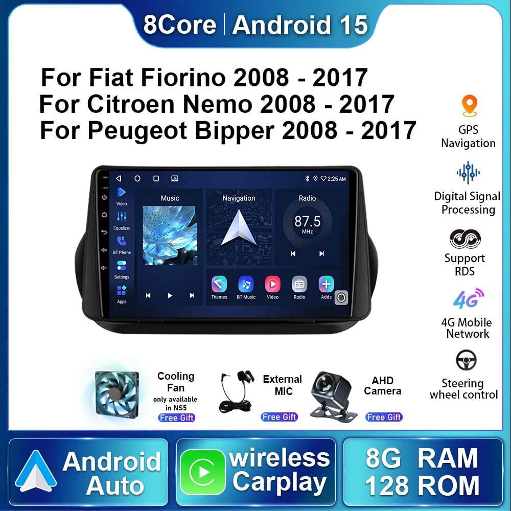 Radio para Auto con Android Auto y Carplay para Fiat Fiorino Qubo 2008 - 2017, Citroen Nemo 2008-2017, Peugeot Bipper 2008-2017, Navegación GPS