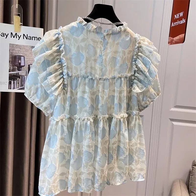 

Puff Short-sleeved Shirt for Women 2025 Fashionable Ruffle Floral Loose Design Stitching Versatile Pullover