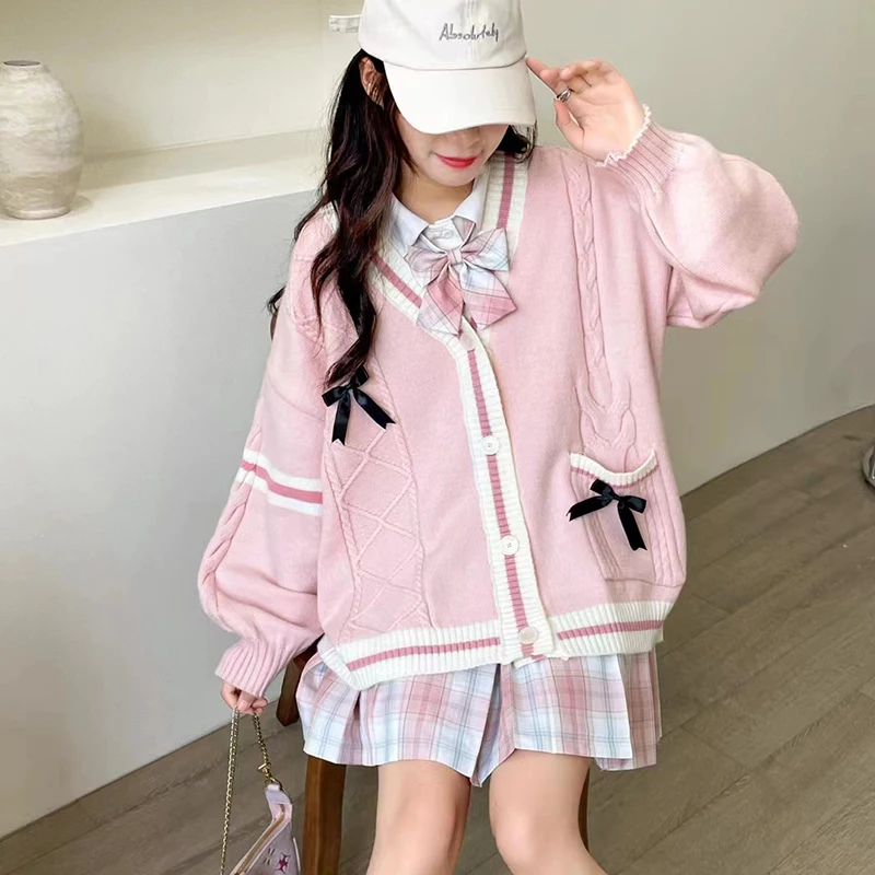 Pink Sweet Women Cardigan Korean Bow Knitted Long Sleeve Female Sweater Jk Preppy Style New Kawaii V Neck Ladies Casual Coats