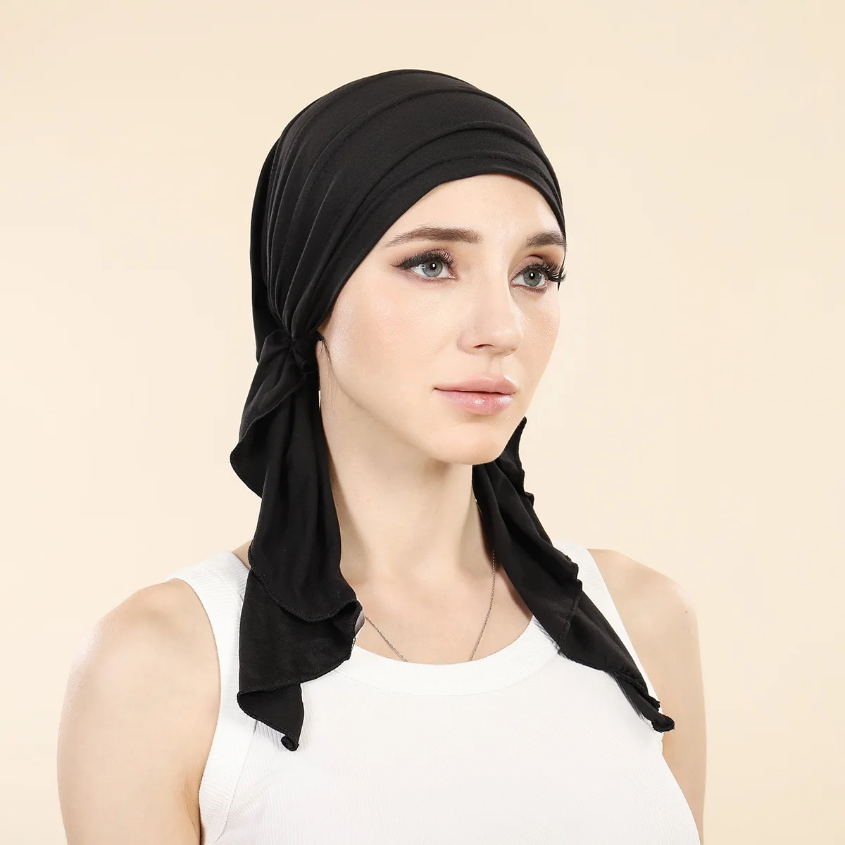 Women Solid Color Pre-tied Hat Turban Muslim Inner Hijab Bonnet Long Tail Headscarf Chemo Cap Hair Loss Bandanas Turbante Mujer