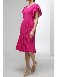 Elegancka plisowana sukienka damska A-Line V-neck Ruffle Sleeve Casual Plus Size Summer Party Club Wedding Guest Cocktail Midi Dresses