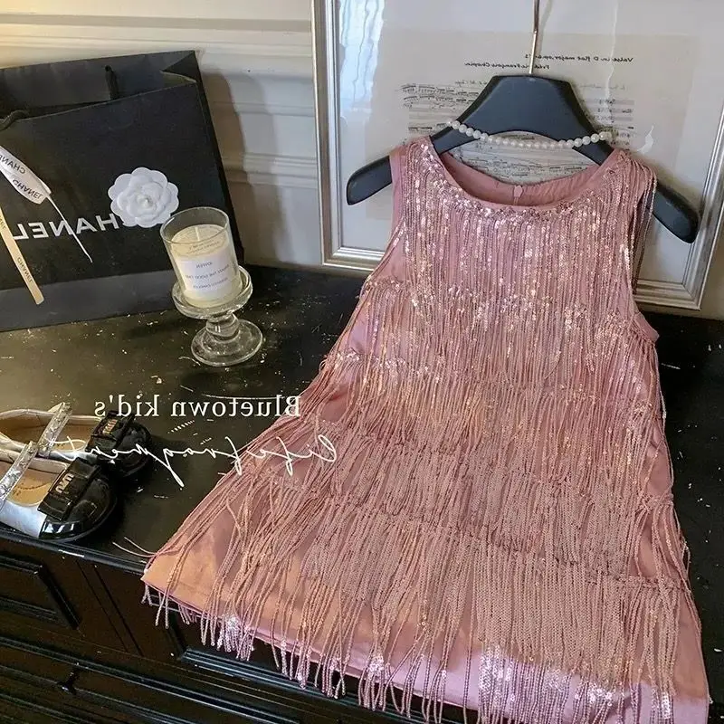 New Girls Dress Summer Children's High-end Tassel Sequin Vest Dress Stylish Birthday Dress
