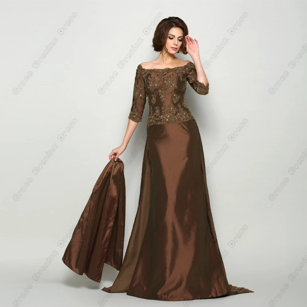 

Brown Three Quarter Mother of Bride Dresses with Lace Scoop Mermaid Wedding Party Dresses for Women Zipper Back Robe De Soirée