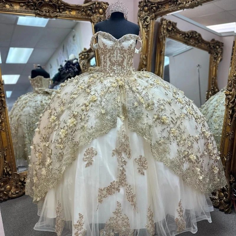 Sparky Ivory 3D Flowers Off the Shoulder Quinceanera Dress Gold Applique Lace Beads Princess Ball Gown for Sweet 16Dress Lace-up