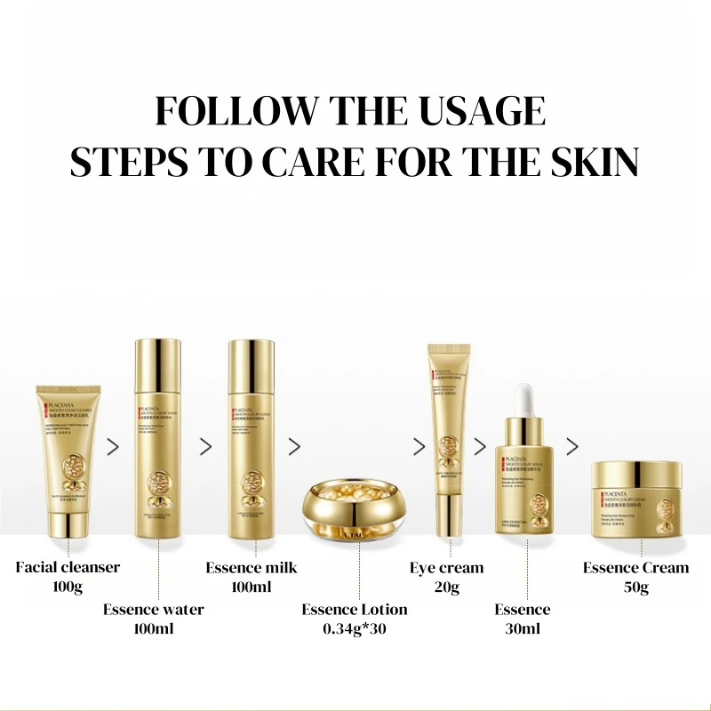 Placenta Skin Care Seven-Piece Set, Rich in Placenta Essence, Moisturizing Skin Care Products, Hydrating, Nourishing, and Refreshing, the Set Includes Facial Serum, Eye Cream, Face Cream, Facial Cleanser, Essence Cream, Suitable for All Skin Types, Leaving Skin Delicate and Smooth, Looking Younger It Is a Skincare Gift for My Wife and Mother.