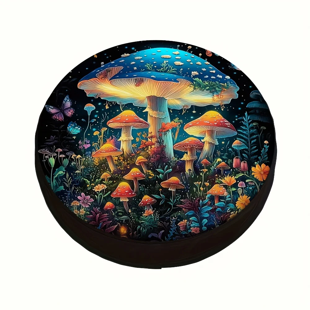 Trippy Psychedelic Colorful Mushroom Butterfly Starry Night Cottagecore Tire Cover