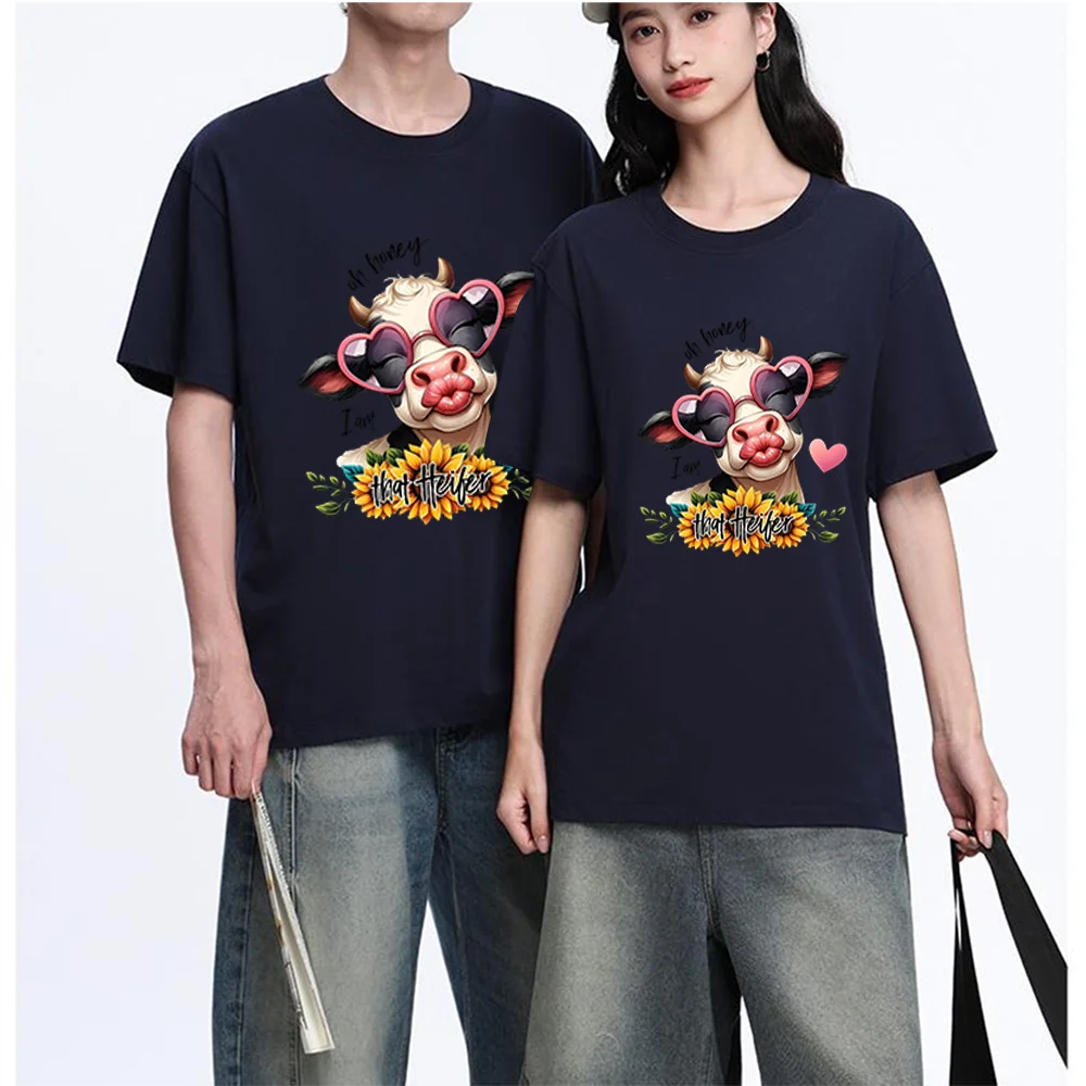Cute Cow With Heart Sunglasses And Sunflowers Printed T Shirt Breathable Fabric S-XXL Personalized Custom T Shirt Casual Short S