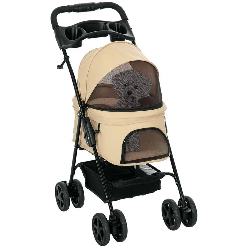 Poussette pour chien, pliable, avec 2 laisses de sécurité et 2 porte-gobelets, 67 x 45 x 96 cm, kaki