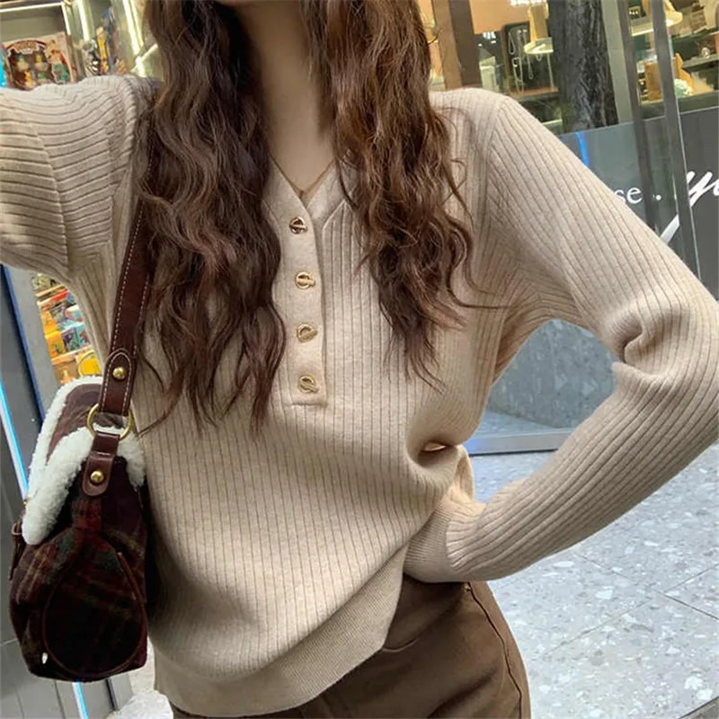 الموضة الكورية الخامس الرقبة بلون طويلة الأكمام المرأة محبوك قاعدة سترة الخريف والشتاء جديد بسيط بلوزة كاجوال القمم