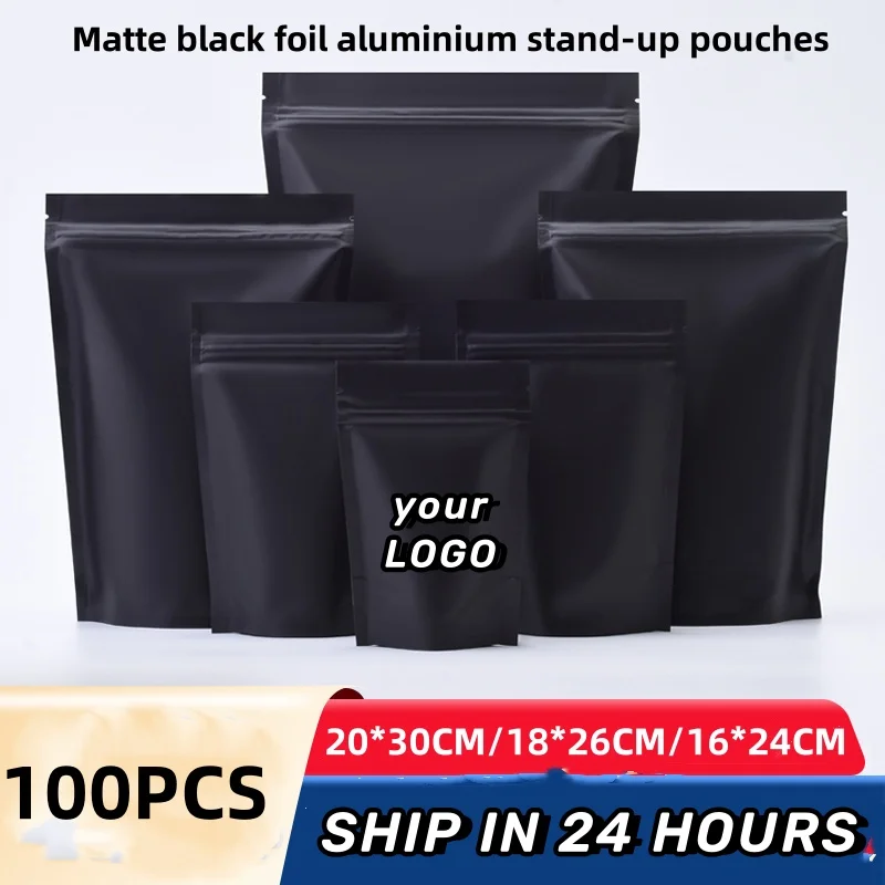 100Pcs Matte Black Zip Lock Mylar Foil Stand Up Bag Self Seal Resealable Tear Notch Doypack Chocolate Coffee Candy Pack Pouches