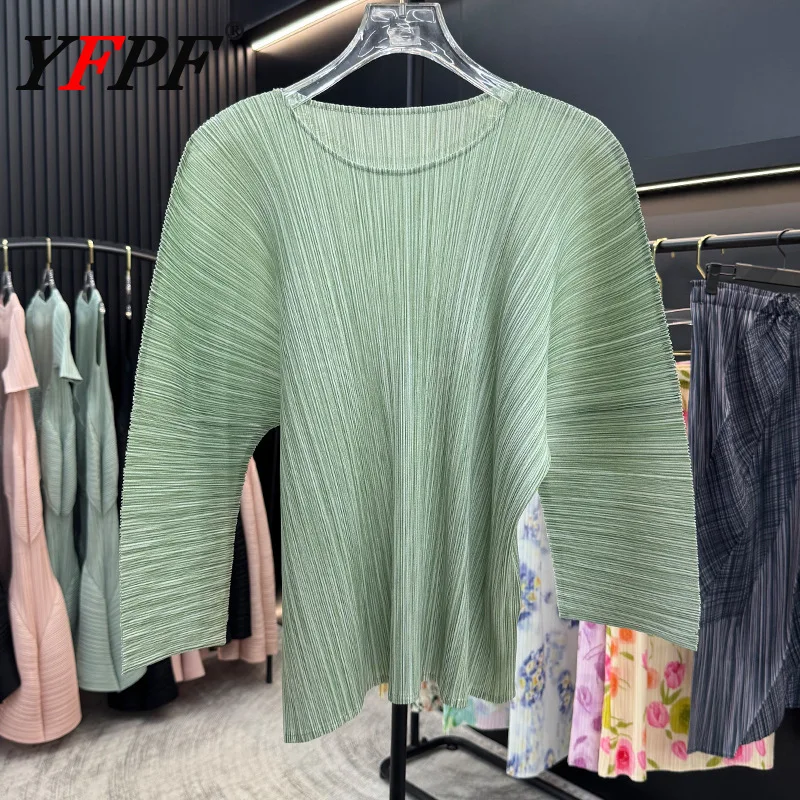 

YFPF 2025 Miyake плиссированная дизайнерская футболка для женщин с круглым вырезом и длинными рукавами, однотонные повседневные топы, универсальная новая одежда