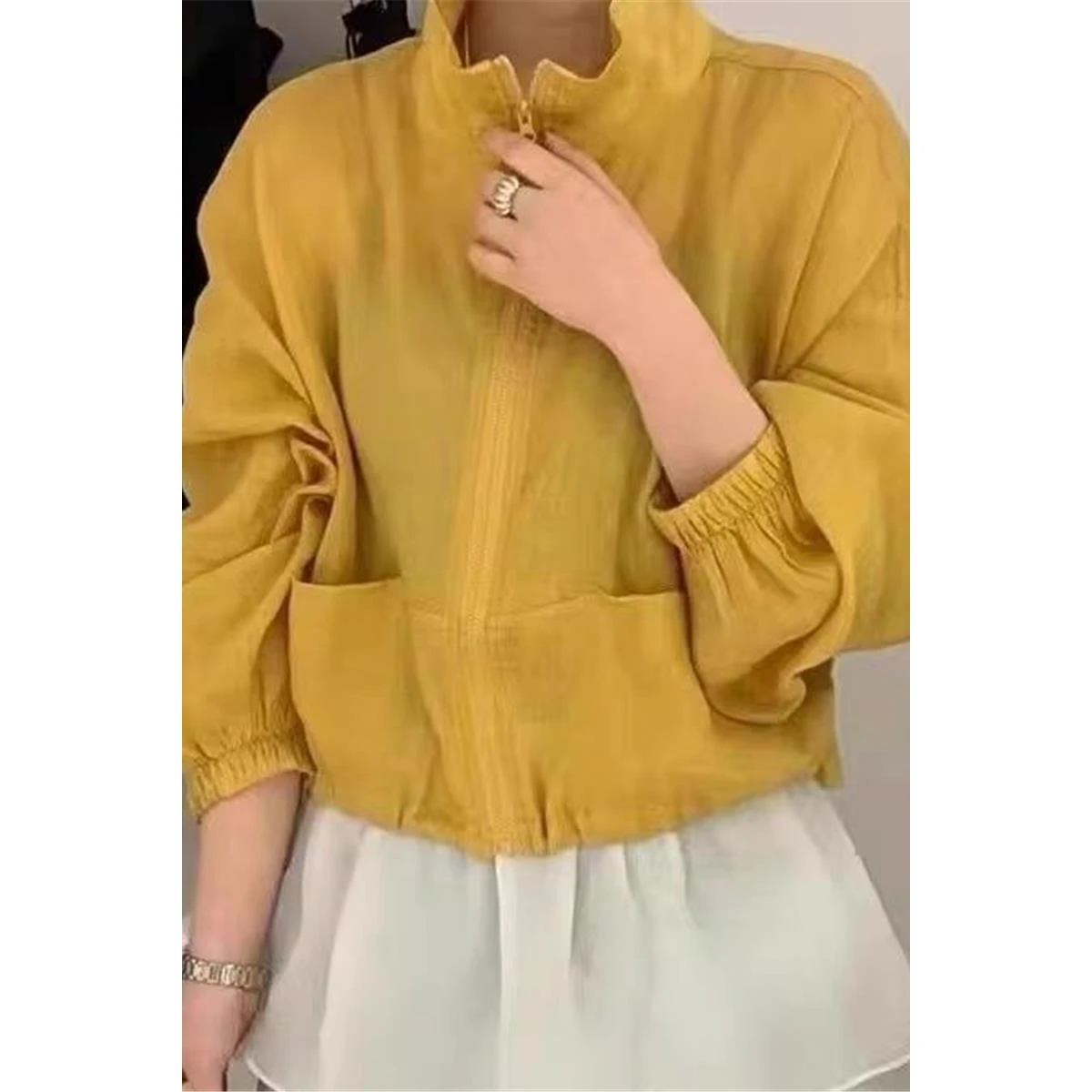 

Корейская женская летняя новинка: повседневный топ с воротником-стойкой, на молнии, с завязками, имитация льна, защита от солнца, простой, универсальный, свободный крой