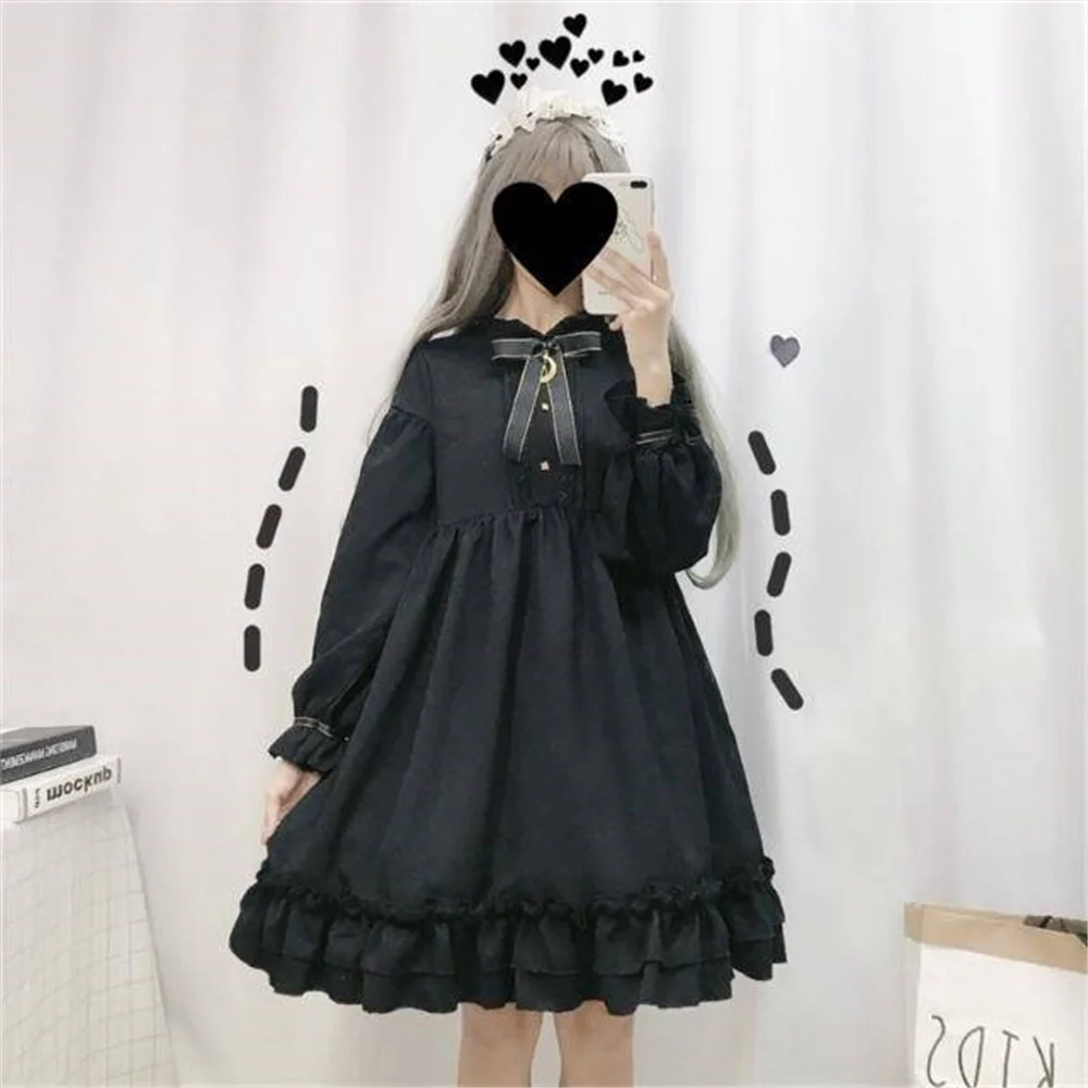 女の子のためのゴシックドレス,黒のロリータドレス,長袖,かわいい弓,カワイイ,パンク,ファッショナブル