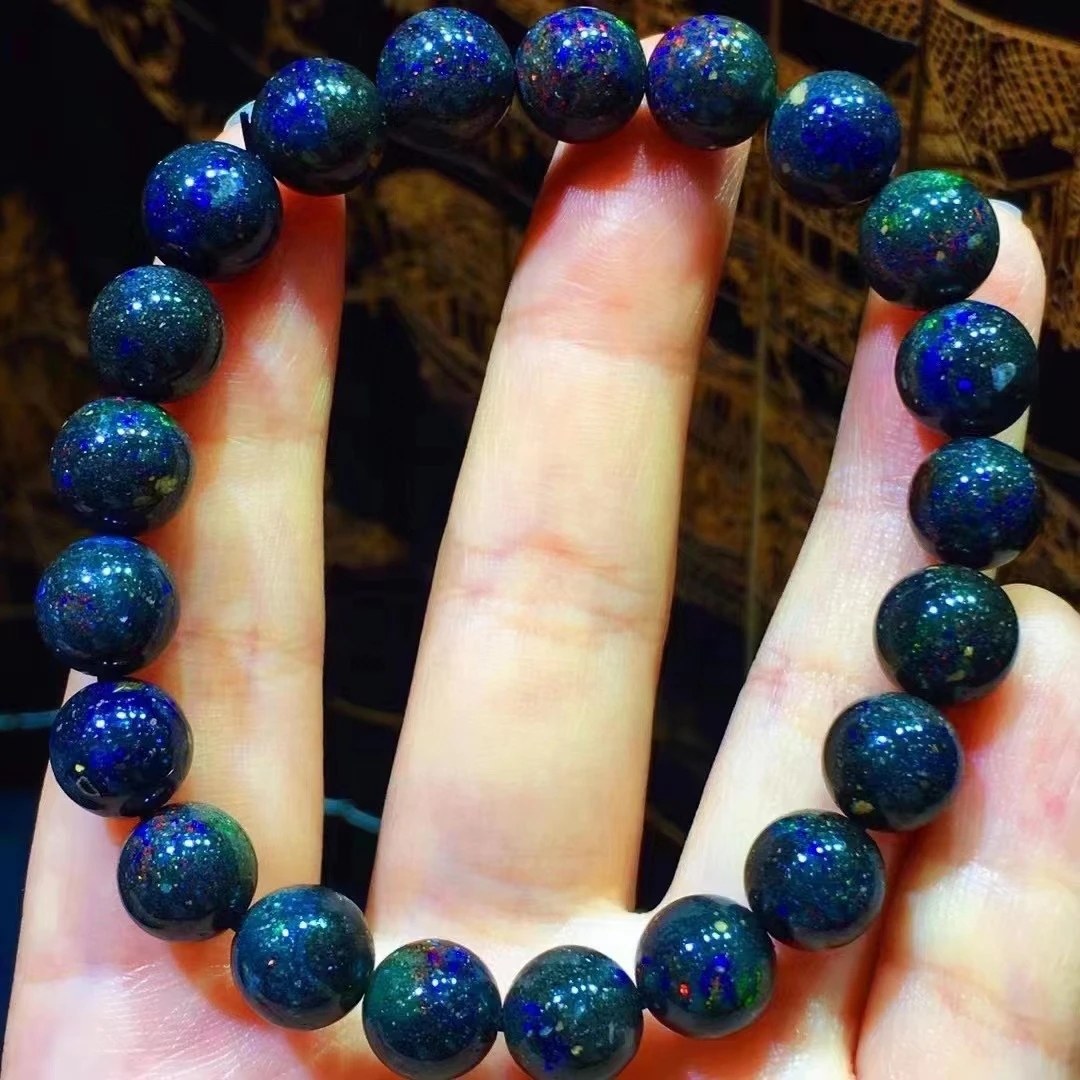 

Natural Black Opal Round Beads Bracelet 8mm Blue Opal Gemstone Flash Light Stretch Women Men Jewelry AAAAA