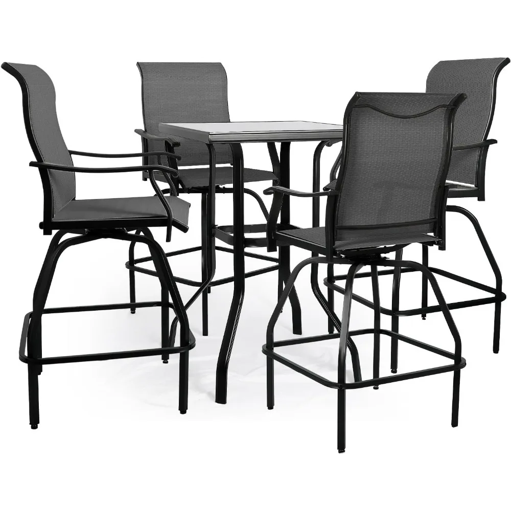 

Patio Bar Set 5pcs Swivel Bar Stools Outdoor Bistro Textilene Furniture Stability All-Weather Set with Height Table (5, Grey Fa